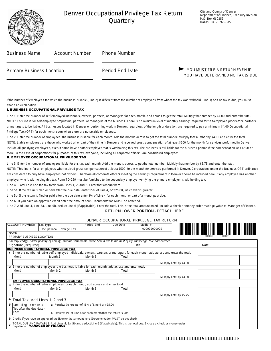 Occupational Privilege Tax Return - Quarterly - City and County of Denver, Texas, Page 1