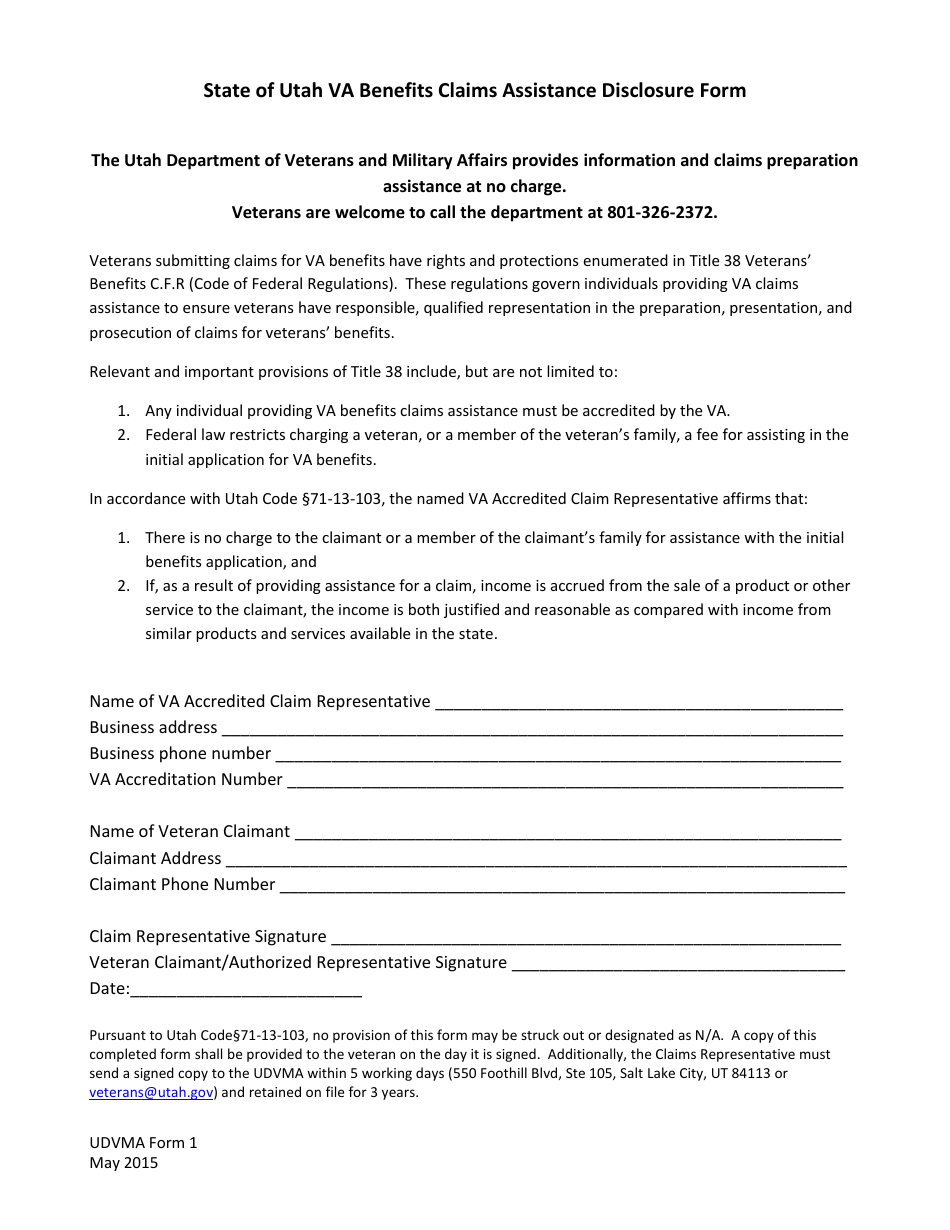 Form 1 Benefits Claims Assistance Disclosure Form - Utah, Page 1