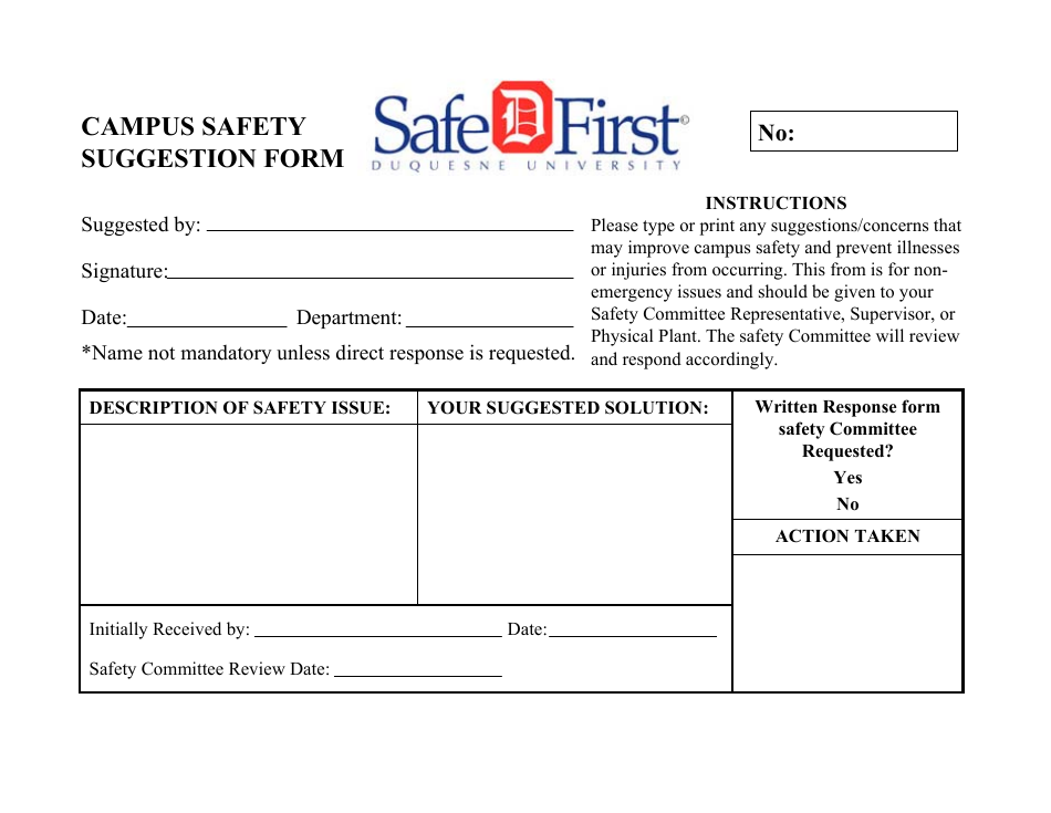 Campus Safety Suggestion Form - Safe First, Page 1