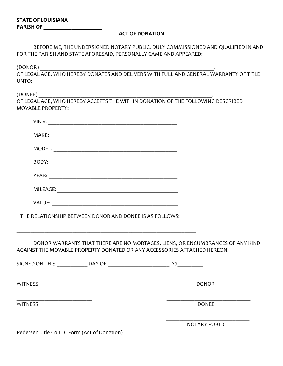 Act of Donation Form - Pedersen Title Co Llc - Louisiana, Page 1