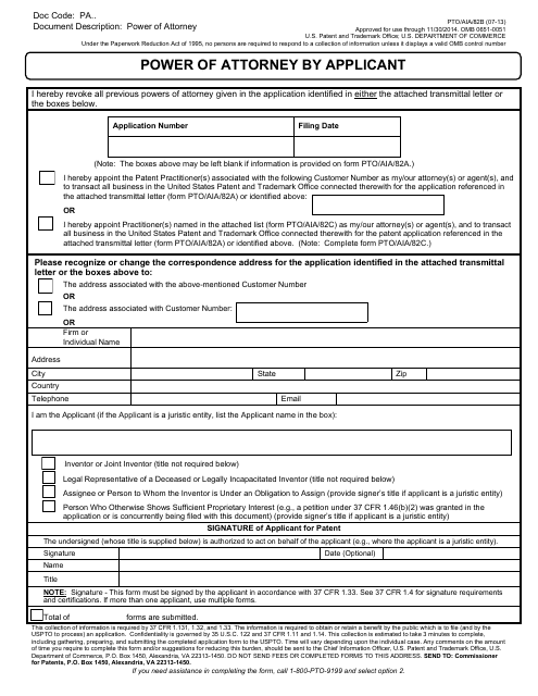 Form PTO/AIA/82B Power of Attorney by Applicant
