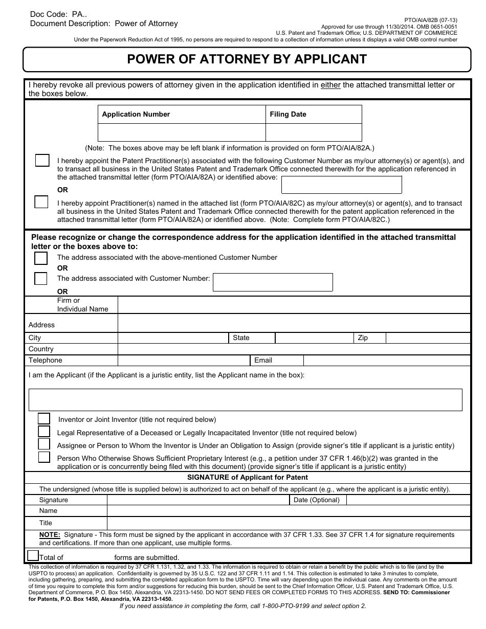Form PTO / AIA / 82B Power of Attorney by Applicant, Page 1
