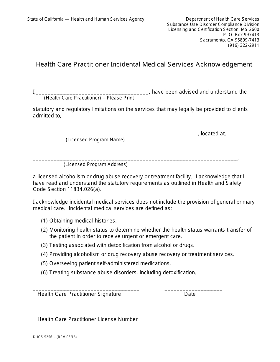 Form DHCS5256 Health Care Practitioner Incidental Medical Services Acknowledgement - California, Page 1
