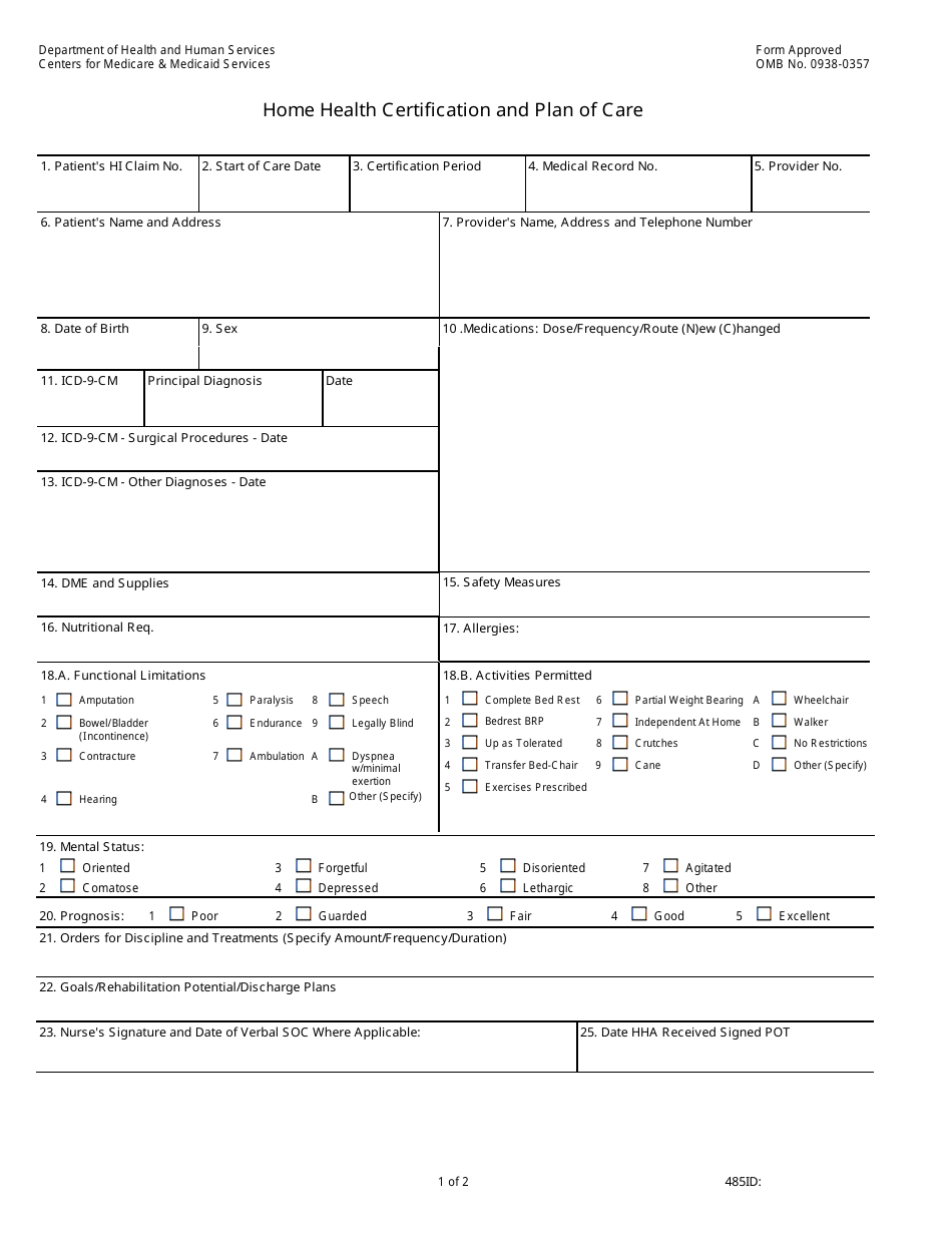 Form CMS-485 Home Health Certification and Plan of Care, Page 1