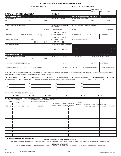 Attending Provider Treatment Plan Form - New Jersey Download Pdf