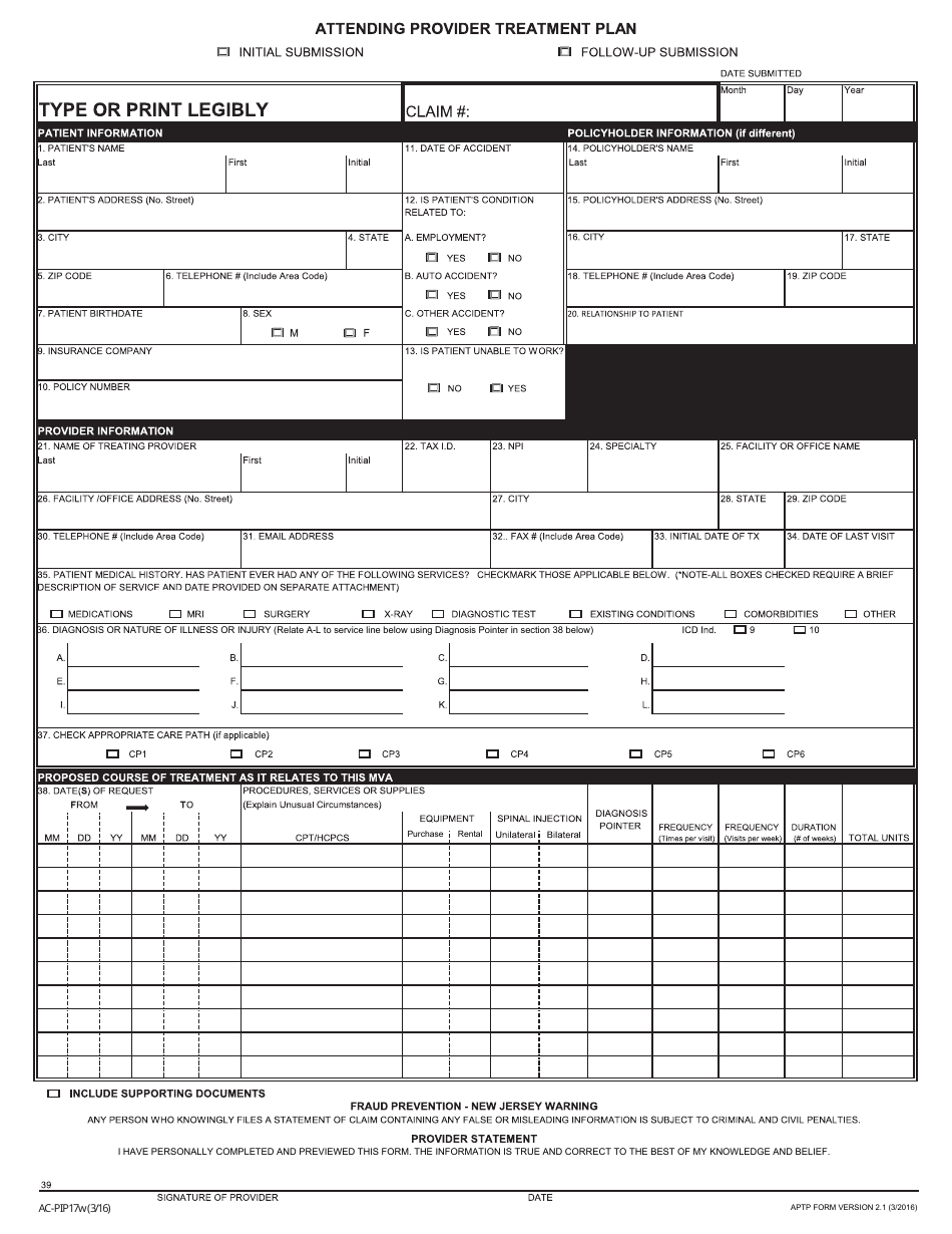 Attending Provider Treatment Plan Form - New Jersey, Page 1