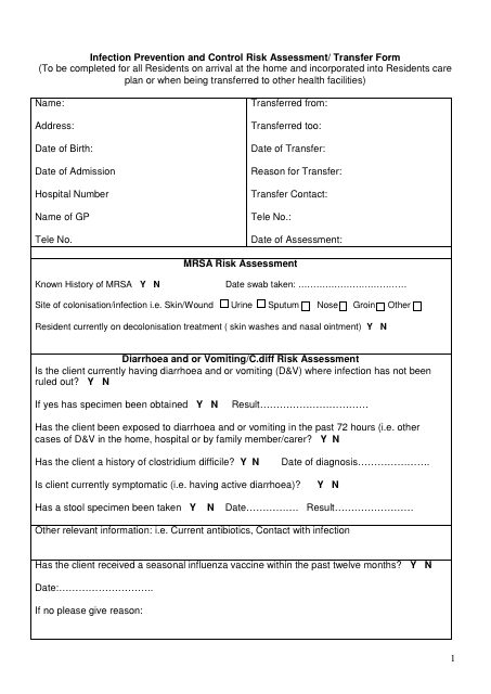 Infection Prevention and Control Risk Assessment/ Transfer Form