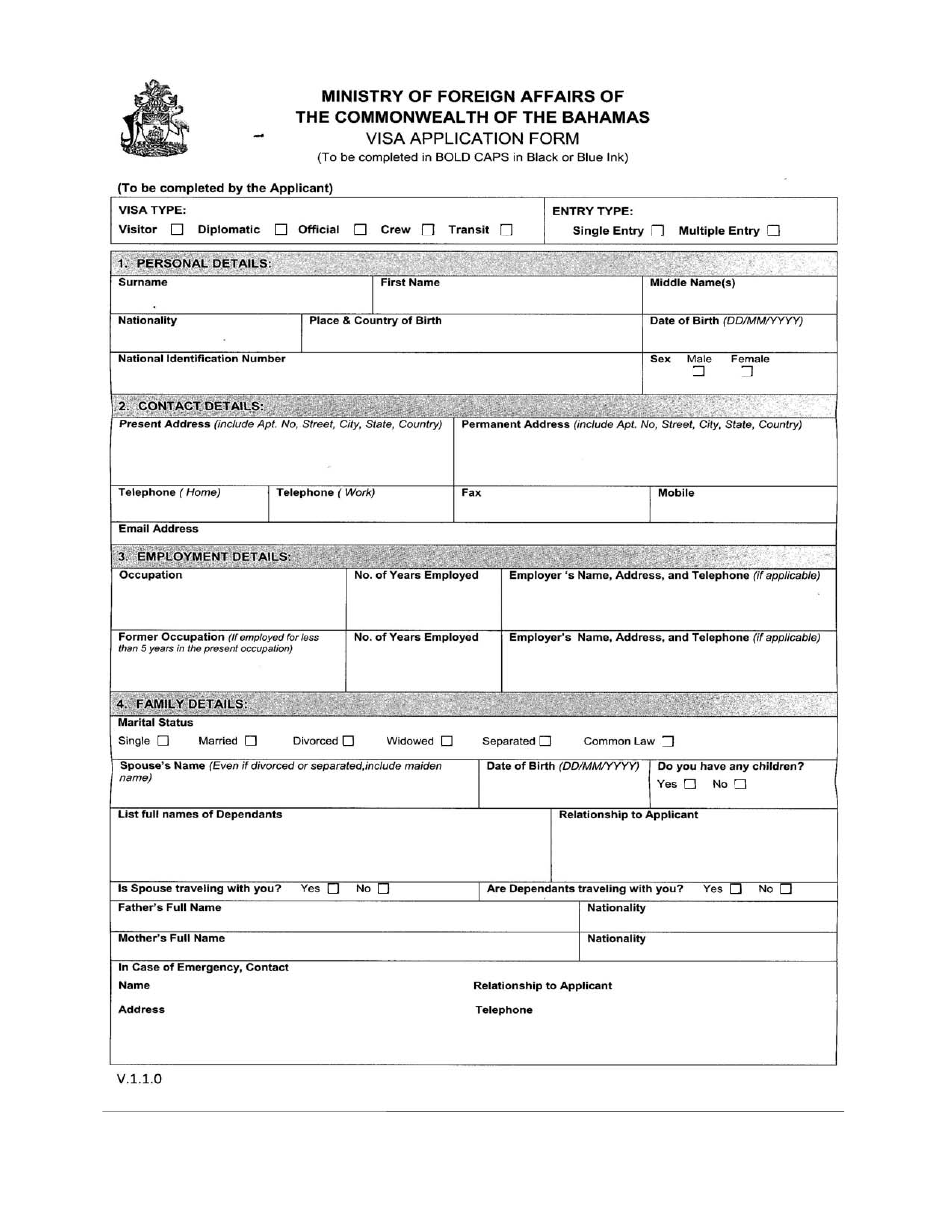 Bahamian Visa Application Form - Bahamas, Page 1