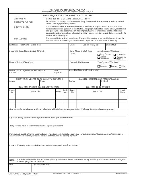 DA Form 2125  Printable Pdf