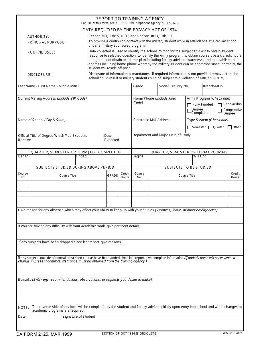 DA Form 2125 Report to Training Agency, Page 1