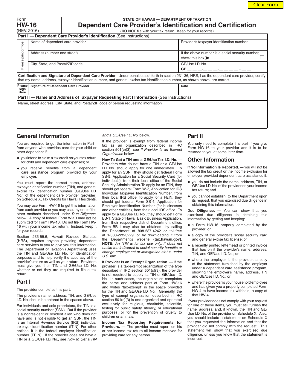 Form HW-16 Dependent Care Providers Identification and Certification - Hawaii, Page 1