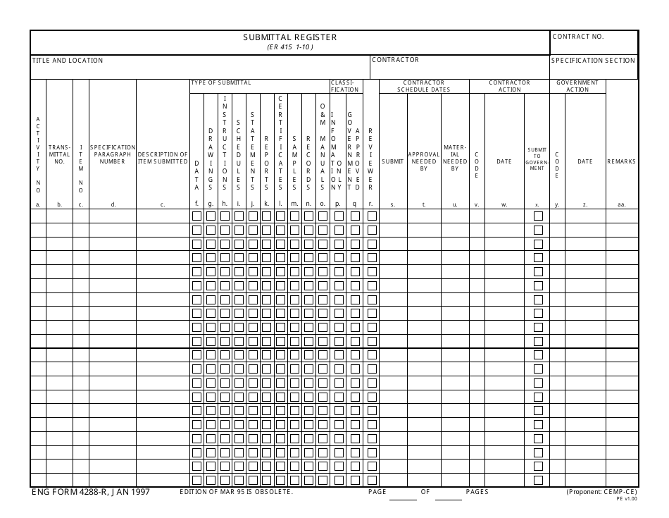 ENG Form 4288-R Submittal Register, Page 1