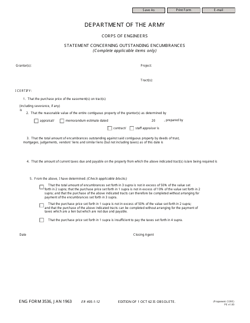ENG Form 3536 Statement Concerning Outstanding Encumbrances