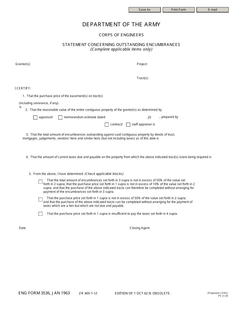 ENG Form 3536 Statement Concerning Outstanding Encumbrances, Page 1