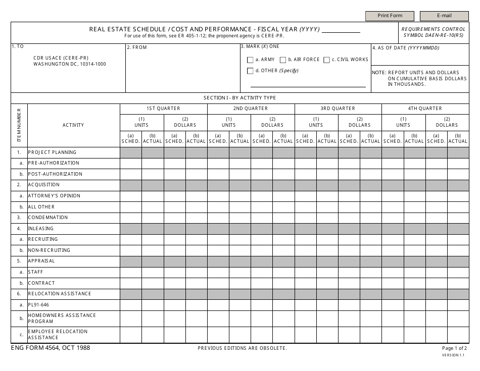 ENG Form 4564 Real Estate Schedule / Cost and Performance, Page 1