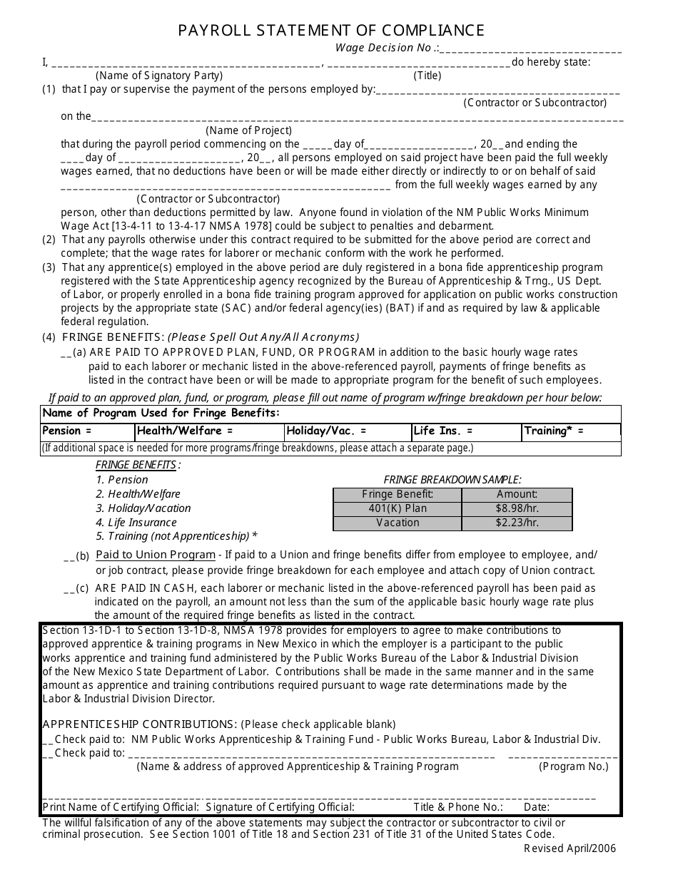 Payroll Statement of Compliance - New Mexico, Page 1