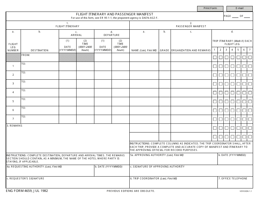 ENG Form 4659 Flight Itinerary and Passenger Manifest