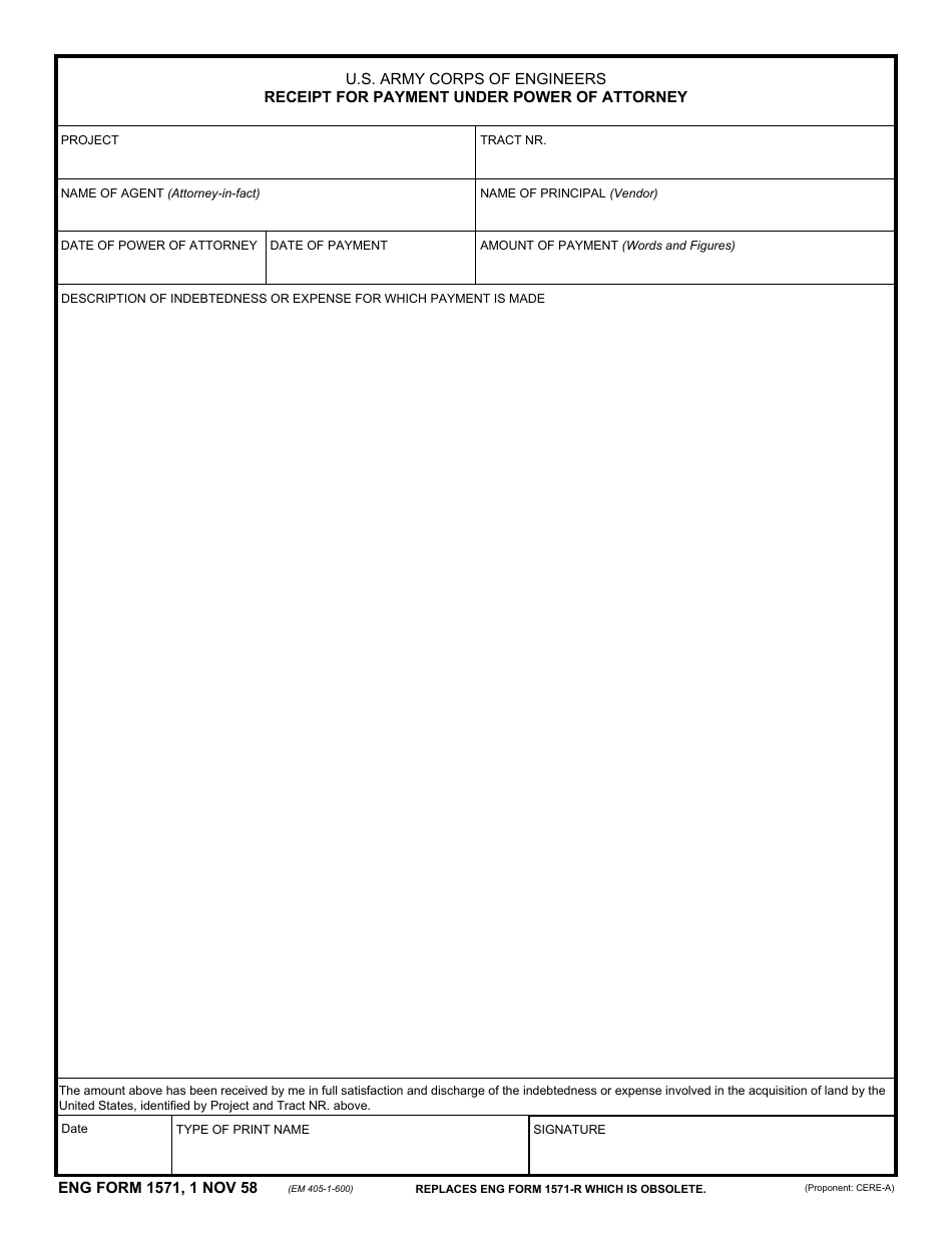 ENG Form 1571 Receipt for Payment Under Power of Attorney, Page 1