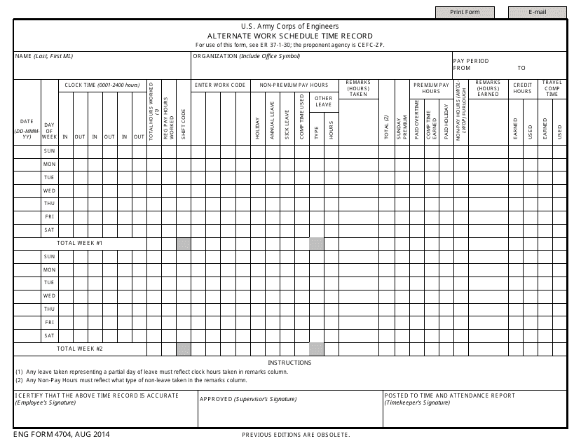 ENG Form 4704 Alternate Work Schedule Time Record