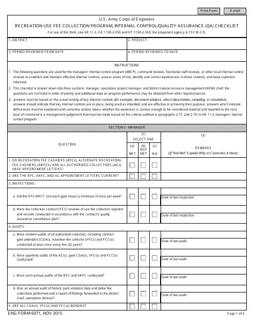 ENG Form 6071 Recreation Use Fee Collection Program, Internal Control/Quality Assurance (Qa) Checklist