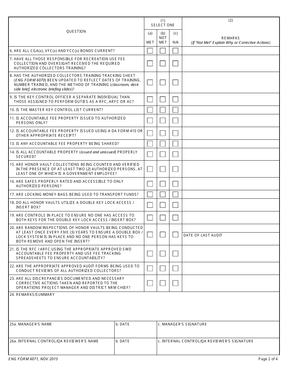 ENG Form 6071 Recreation Use Fee Collection Program, Internal Control / Quality Assurance (Qa) Checklist, Page 2