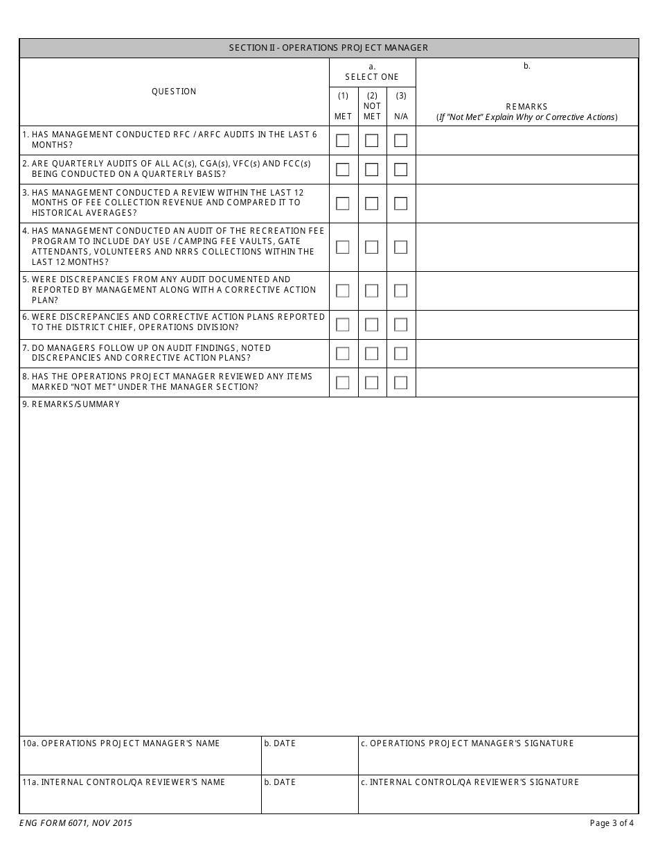 ENG Form 6071 Recreation Use Fee Collection Program, Internal Control / Quality Assurance (Qa) Checklist, Page 3