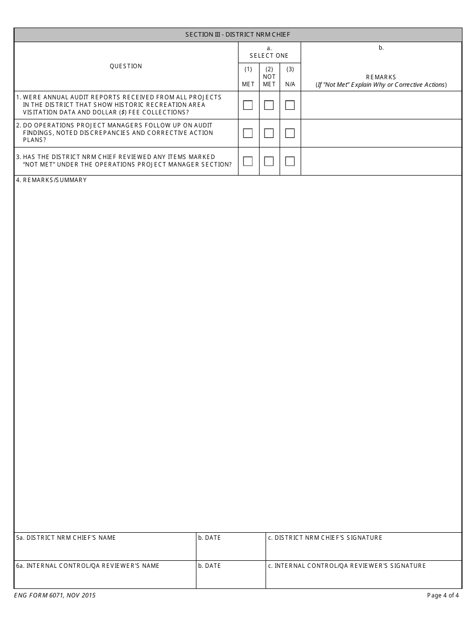 ENG Form 6071 Recreation Use Fee Collection Program, Internal Control / Quality Assurance (Qa) Checklist, Page 4