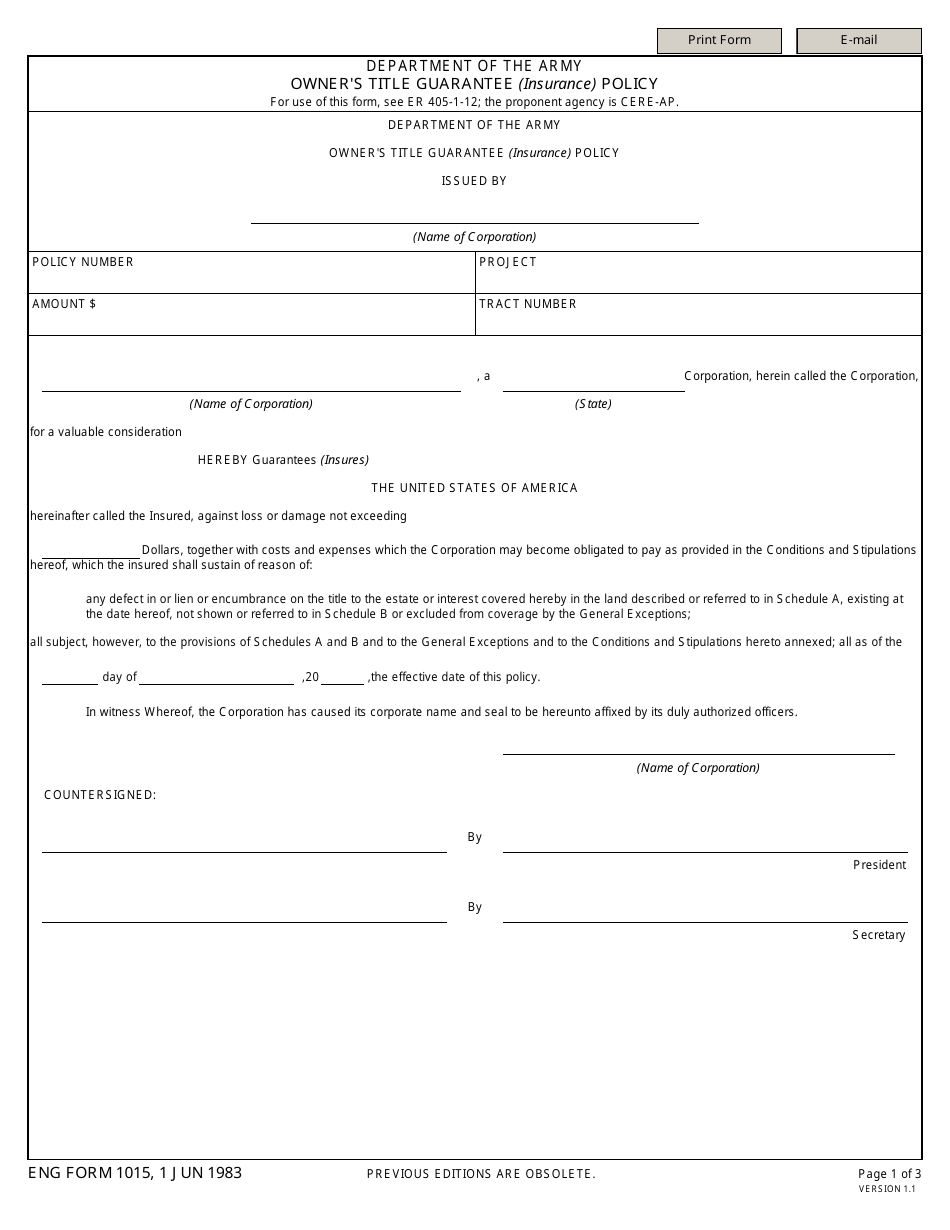 ENG Form 1015 Owners Title Guarantee (Insurance) Policy, Page 1