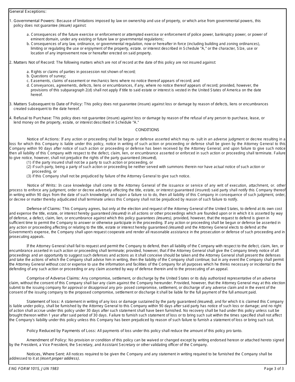 ENG Form 1015 Owners Title Guarantee (Insurance) Policy, Page 3