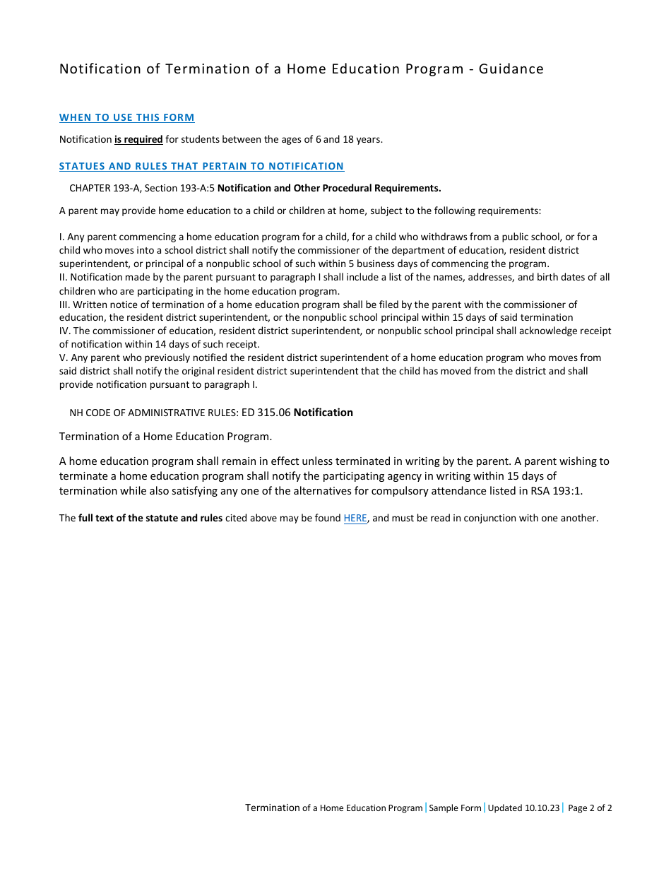Notification of Termination of a Home Education Program - New Hampshire, Page 2