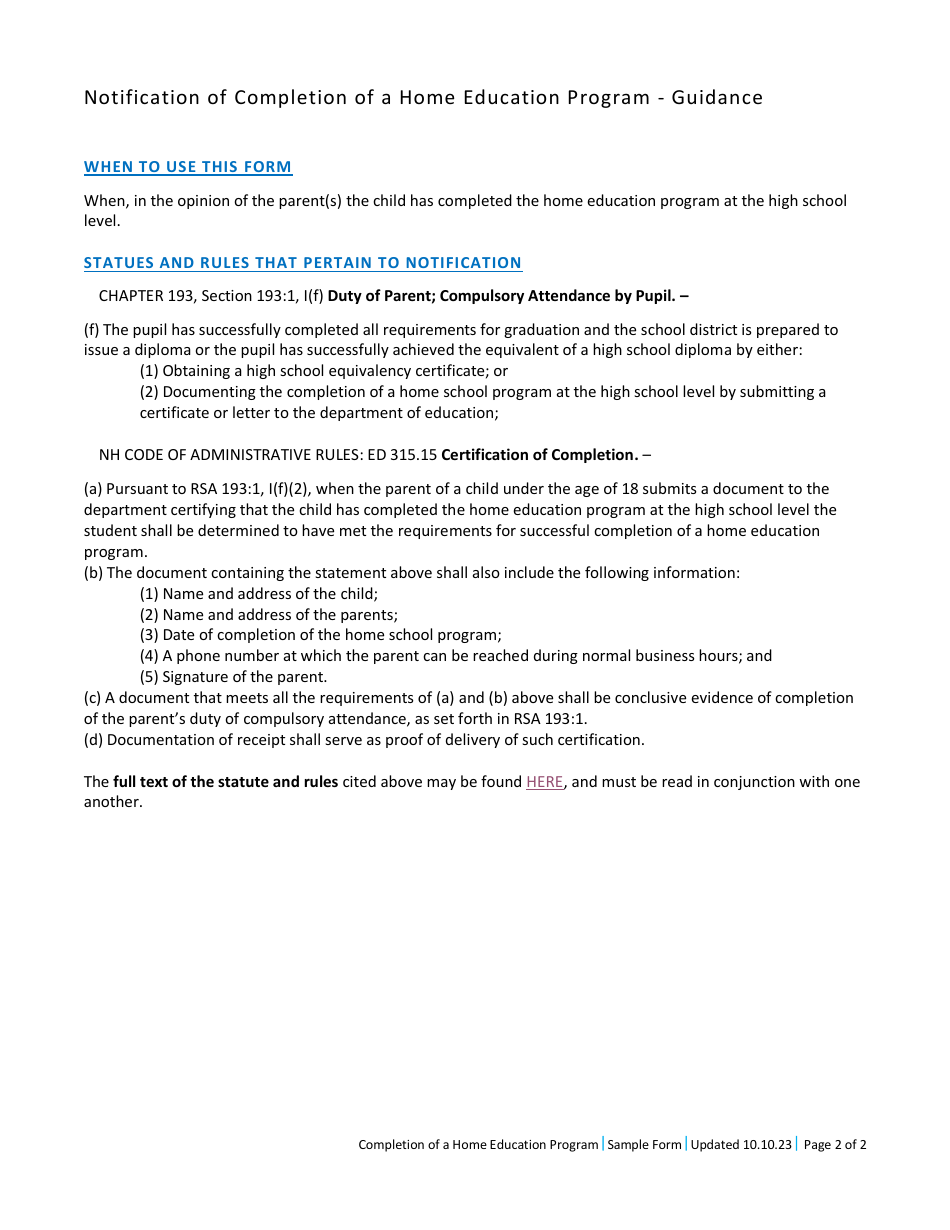 Notification of Completion of a Home Education Program - New Hampshire, Page 2