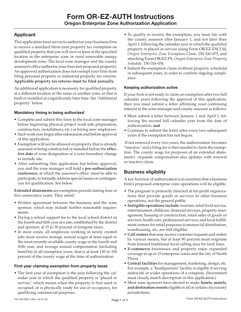 Download Instructions for Form OREZAUTH, 150303029 Oregon