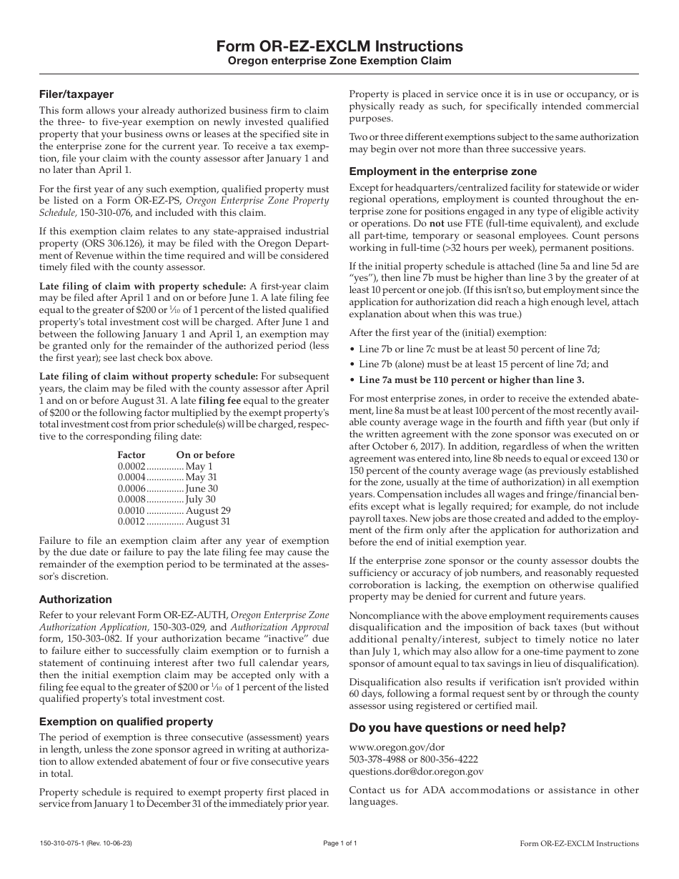 Download Instructions for Form OR-EZ-EXCLM, 150-310-075 Oregon