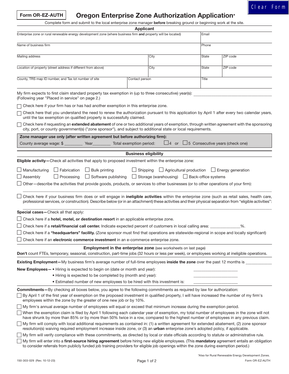 Form OR-EZ-AUTH (150-303-029) Oregon Enterprise Zone Authorization Application - Oregon, Page 1
