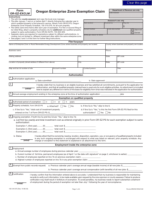 Form OR-EZ-EXCLM (150-310-075)  Printable Pdf