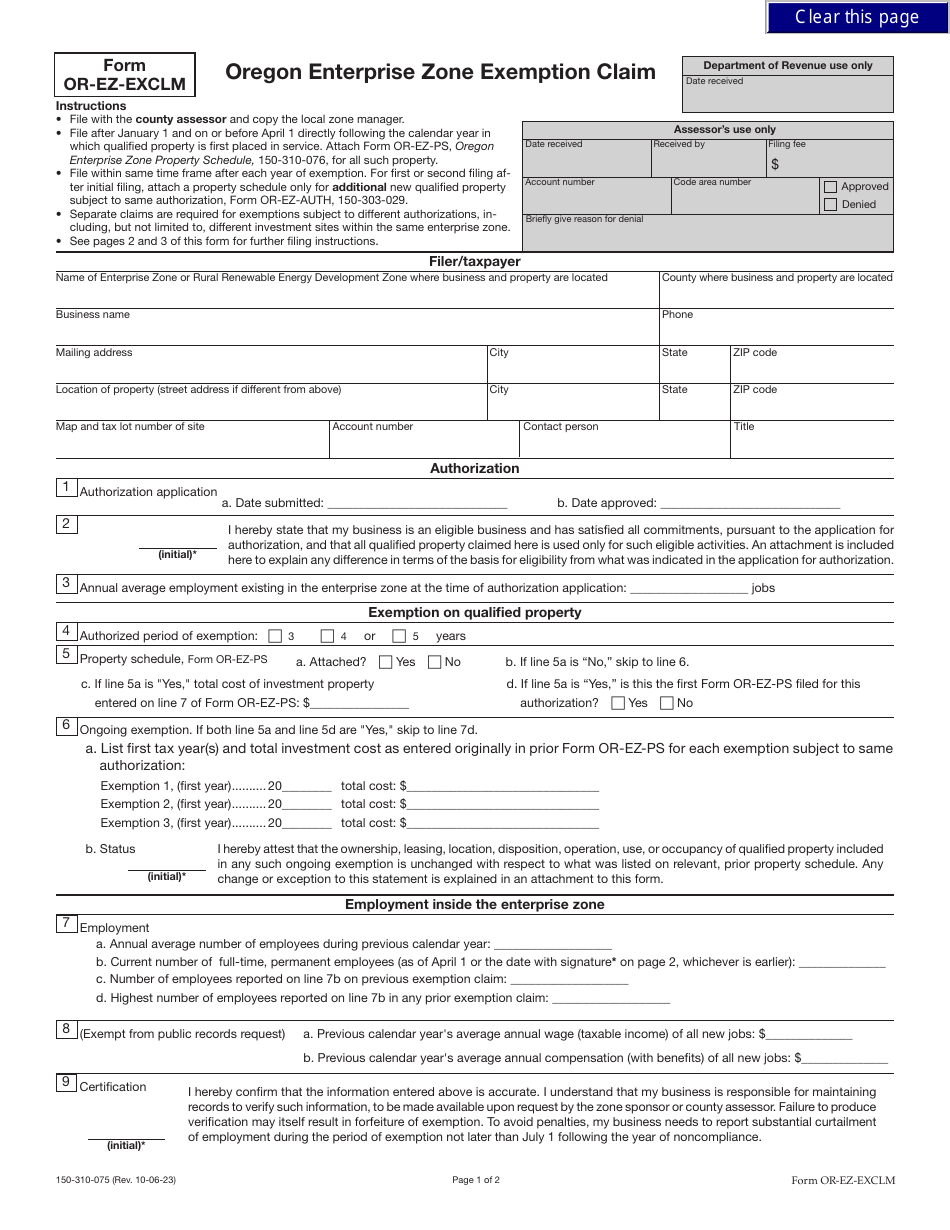 Form OR-EZ-EXCLM (150-310-075) Oregon Enterprise Zone Exemption Claim - Oregon, Page 1