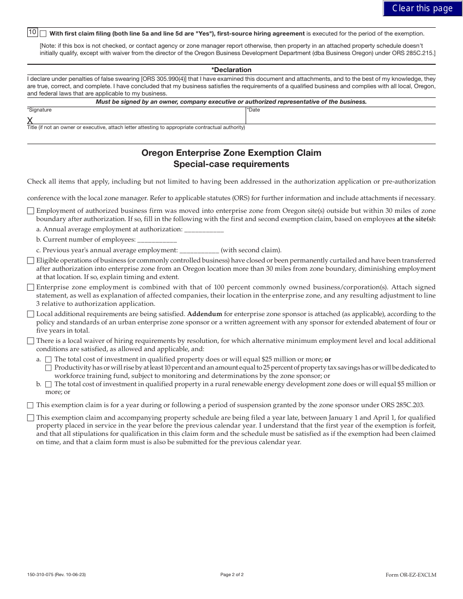 Form OR-EZ-EXCLM (150-310-075) Oregon Enterprise Zone Exemption Claim - Oregon, Page 2