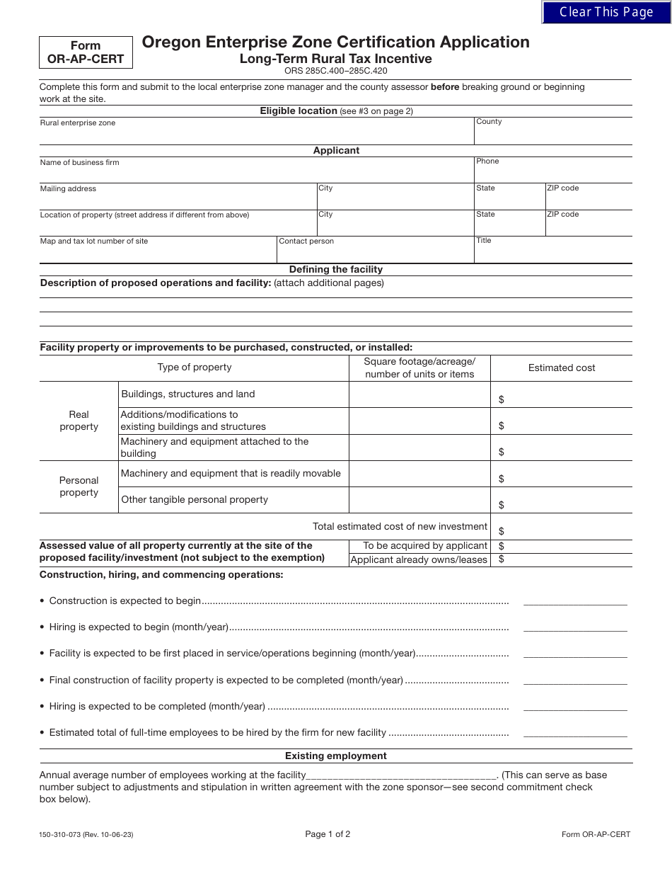 Form OR-AP-CERT (150-310-073) Oregon Enterprise Zone Certification Application - Long-Term Rural Tax Incentive - Oregon, Page 1