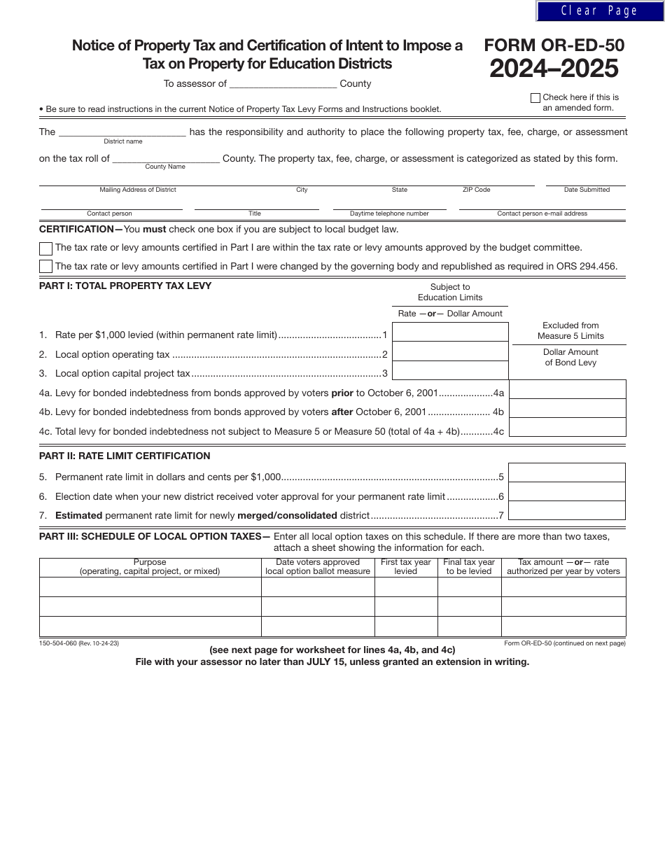 Form OR-ED-50 (150-504-060) Notice of Property Tax and Certification of Intent to Impose a Tax on Property for Education Districts - Oregon, Page 1