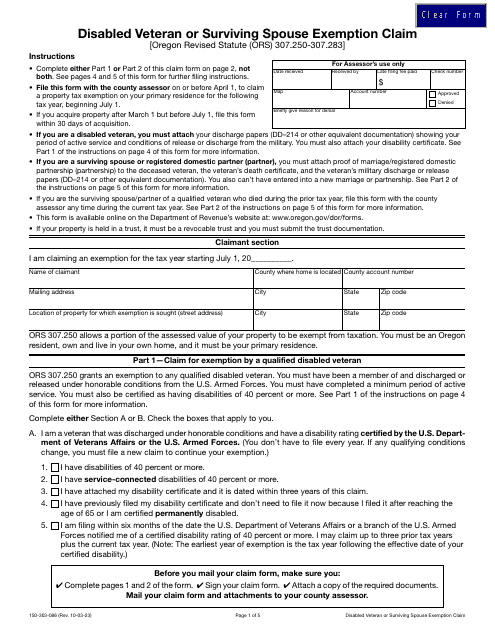 Form 150-303-086 Disabled Veteran or Surviving Spouse Exemption Claim - Oregon