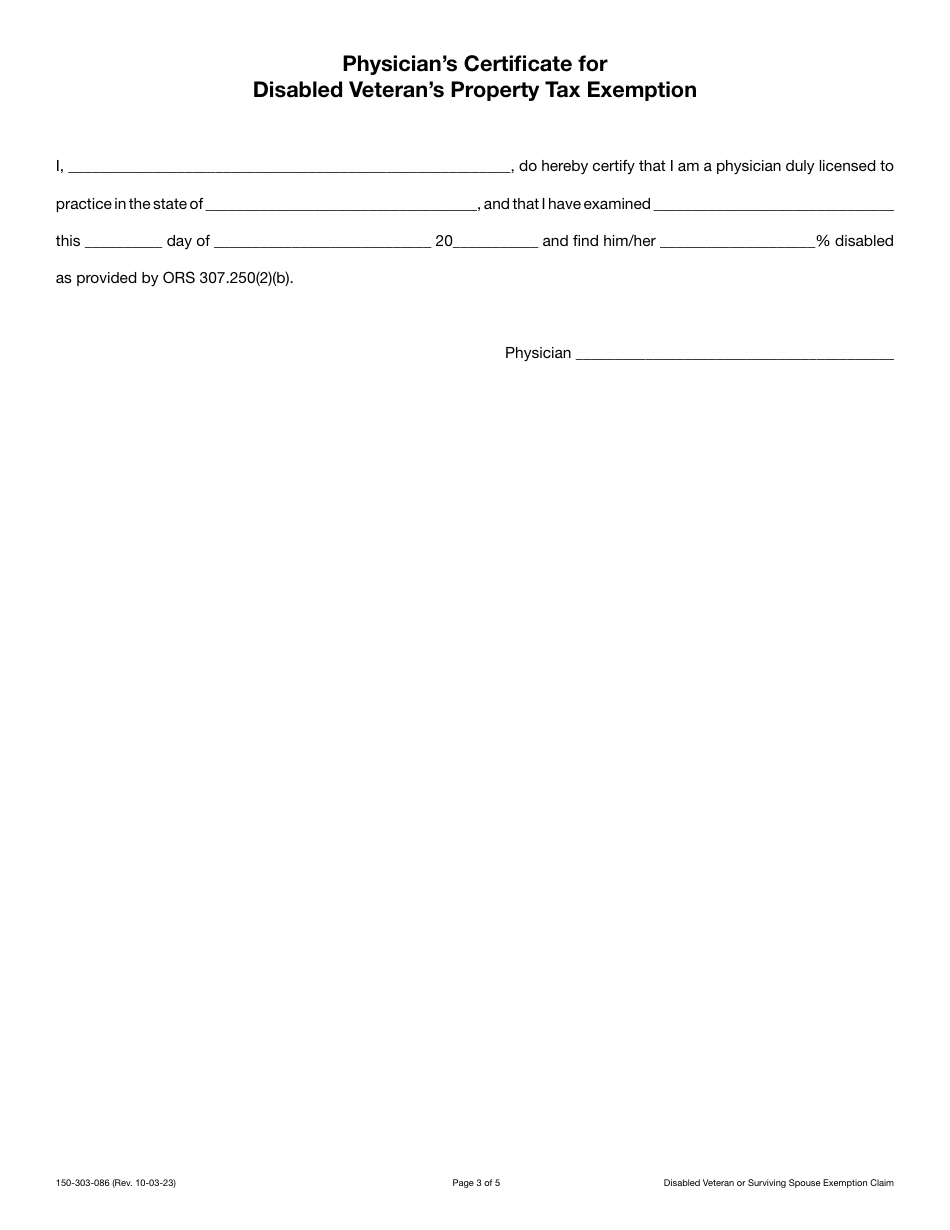 Form 150-303-086 Disabled Veteran or Surviving Spouse Exemption Claim - Oregon, Page 3