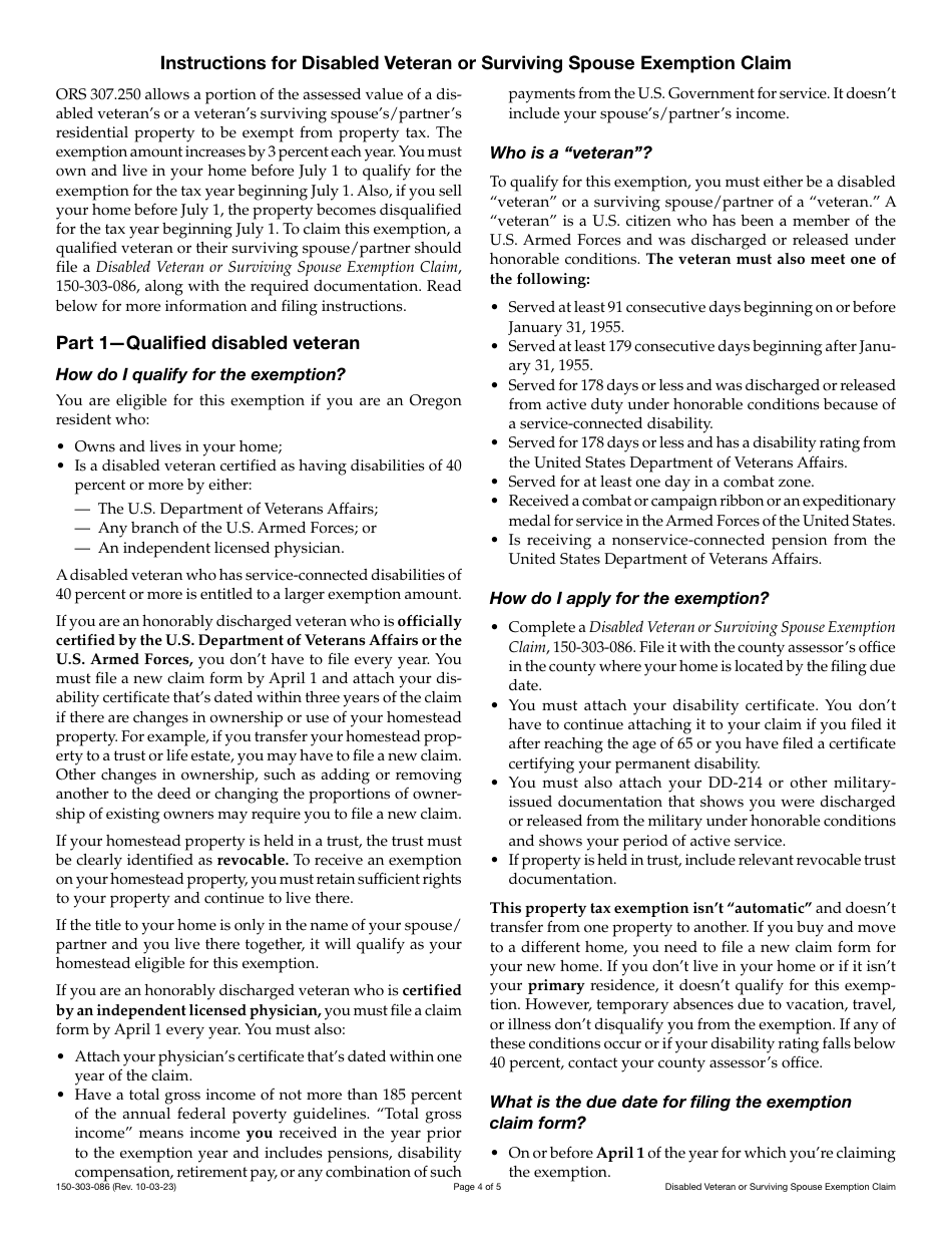 Form 150-303-086 Disabled Veteran or Surviving Spouse Exemption Claim - Oregon, Page 4