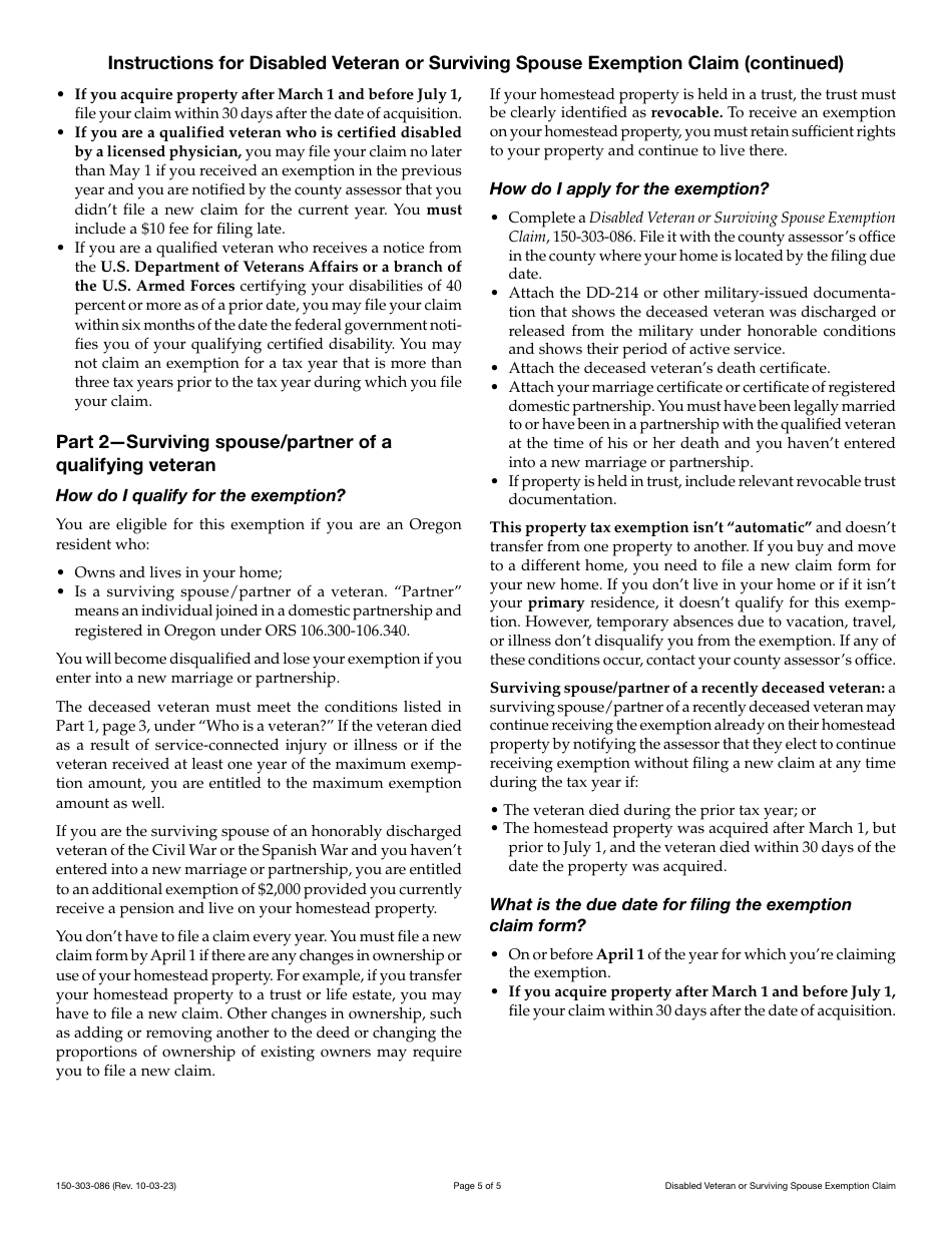 Form 150-303-086 Disabled Veteran or Surviving Spouse Exemption Claim - Oregon, Page 5