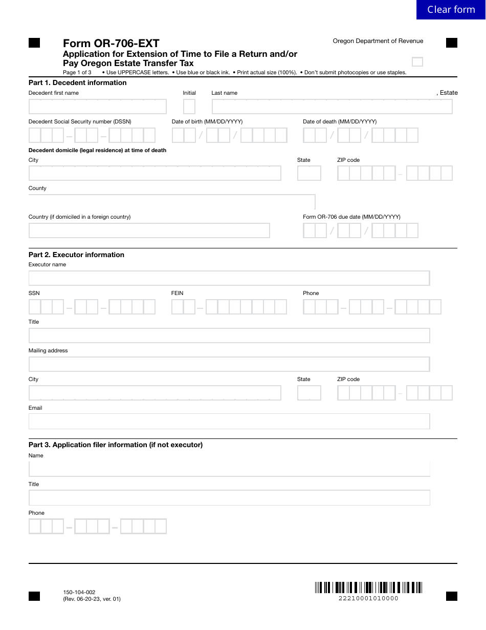Form OR706EXT (150104002) Fill Out, Sign Online and Download