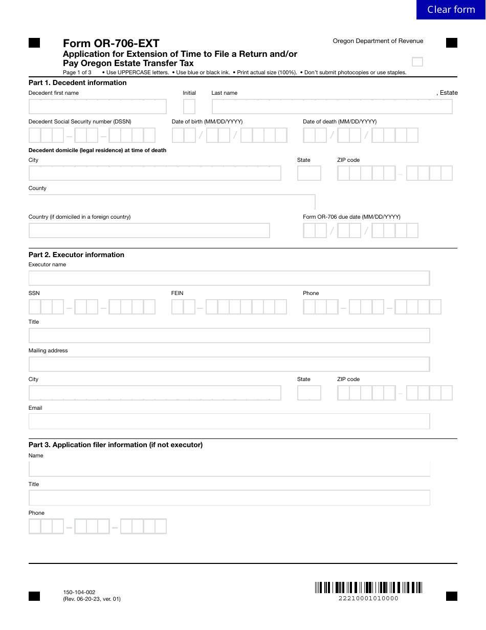 Form OR-706-EXT (150-104-002) Application for Extension of Time to File a Return and / or Pay Oregon Estate Transfer Tax - Oregon, Page 1