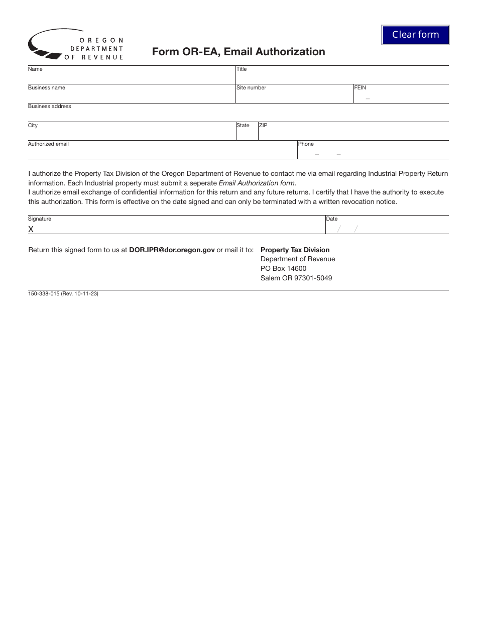 Form OR-EA (150-338-015) Email Authorization - Oregon, Page 1
