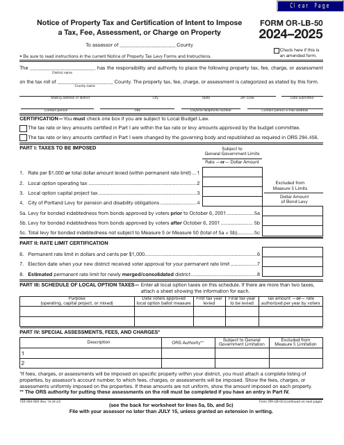 Form OR-LB-50 (150-504-050) Notice of Property Tax and Certification of Intent to Impose a Tax, Fee, Assessment, or Charge on Property - Oregon, 2025