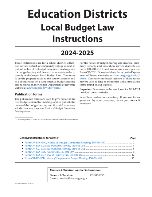 Form OR-ED-NBC, 150-504-057, OR-ED-1, 150-504-058, OR-CC-1, 150-504-062, OR-ED-RES, 150-504-059, OR-ED-50, 150-504-060, OR-ED-SBH, 150-504-061 2025 Printable Pdf