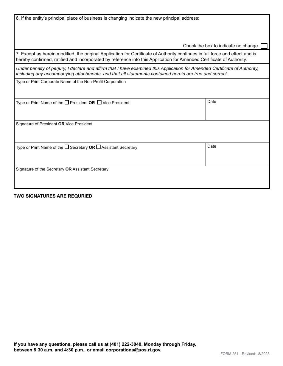 Form 251 Application for an Amended Certificate of Authority - Foreign Non-profit Corporation - Rhode Island, Page 3