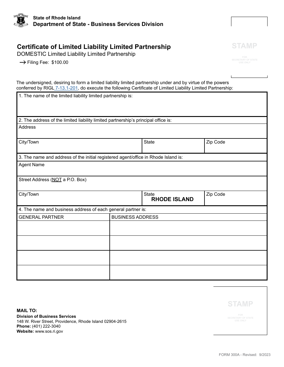 Form 300A Certificate of Limited Liability Limited Partnership - Domestic Limited Liability Limited Partnership - Rhode Island, Page 3